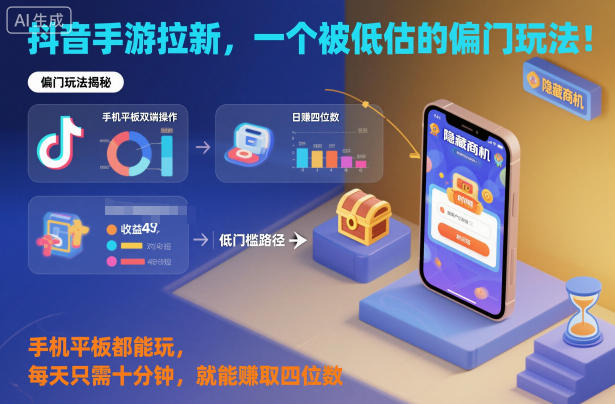 抖音手游拉新，一个被低估的偏门玩法！手机平板都能玩，每天只需十分钟，就能賺取四位数【揭秘】