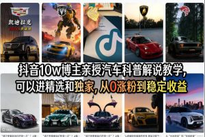 抖音10w博主亲授汽车科普解说教学，可以进精选和独家，从0涨粉到稳定收益（详细视频课程+1T素材）